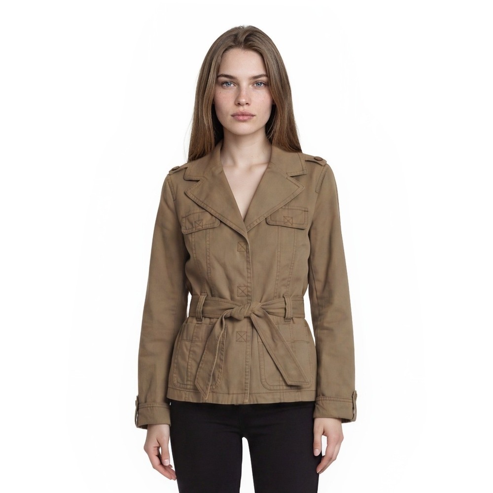 Ann Taylor Utility Jacket Women's Size Large Tan 100% Cotton Belted Safari Coat